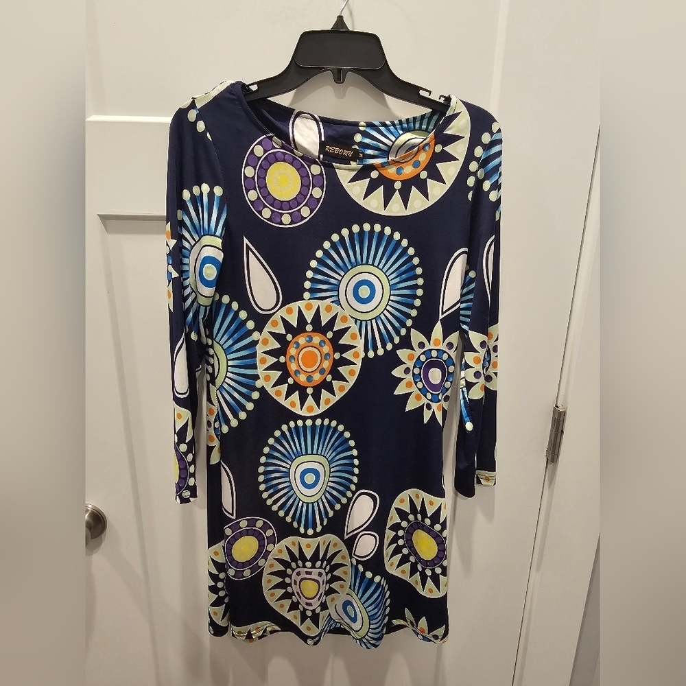 Reborn Women’s Med Navy Geometric Mandala Pt 3/4 Sleeve Stretch Tunic Dress